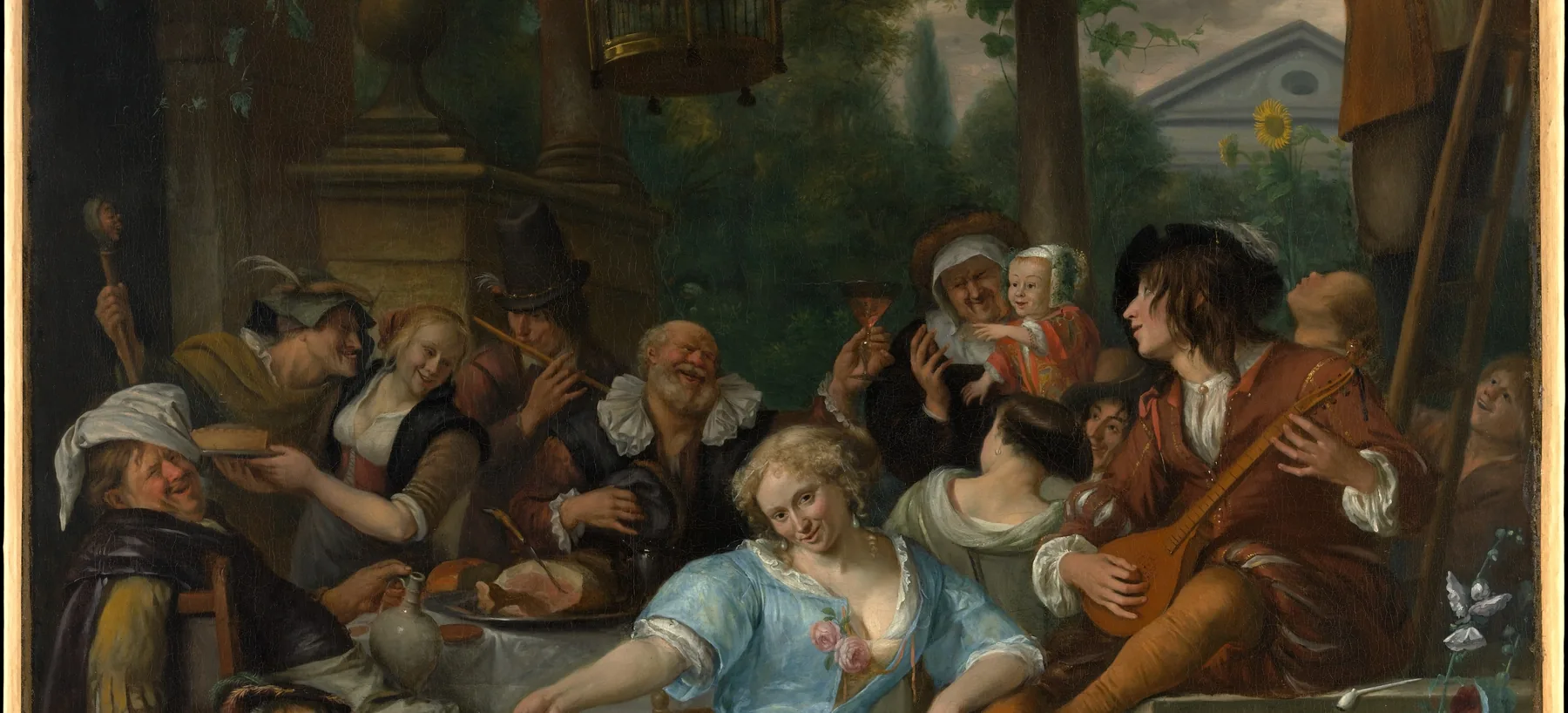 Jan Steen: a company of friends eating and drinking together on a terrace.